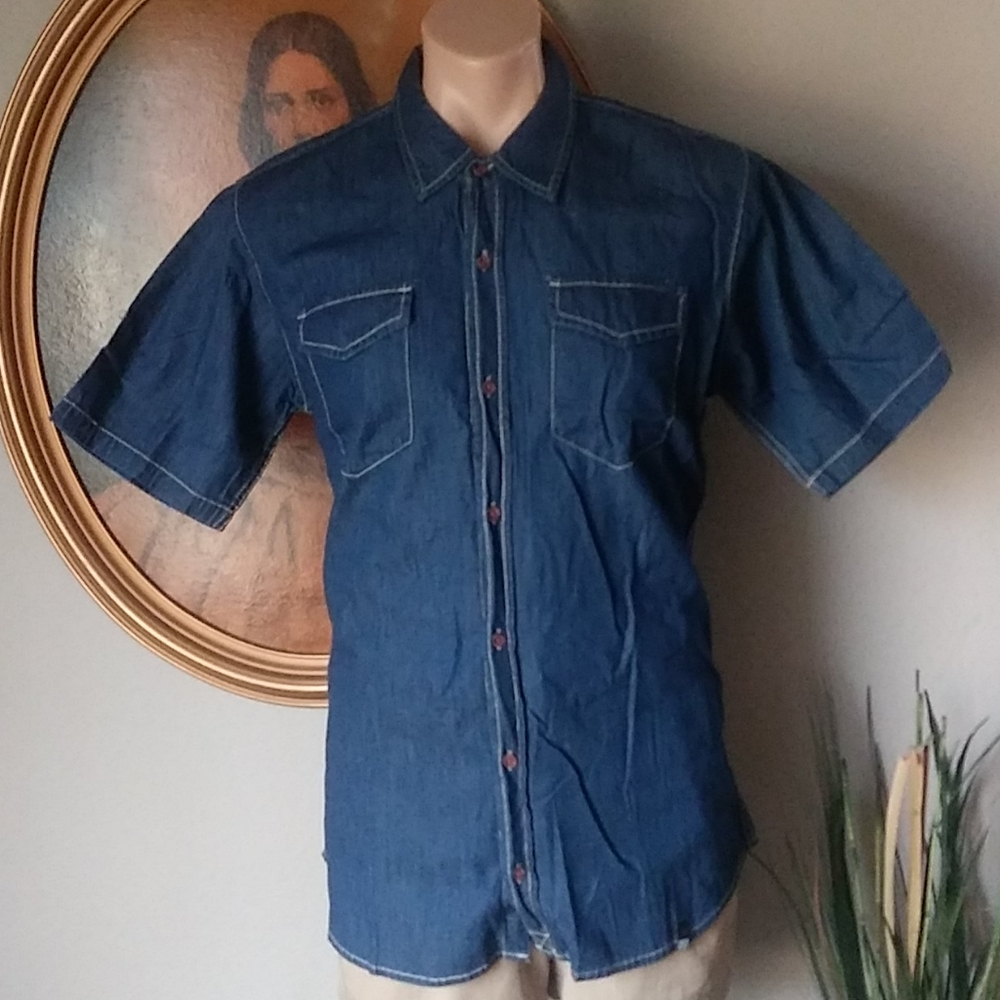 Industrial men's blue denim short sleeve shirt